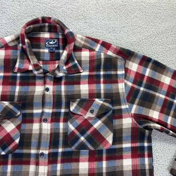 Roper Fleece Shirt Long Sleeve Button Up Mens 2XL Red Blue Plaid Front Pockets - Picture 2 of 8